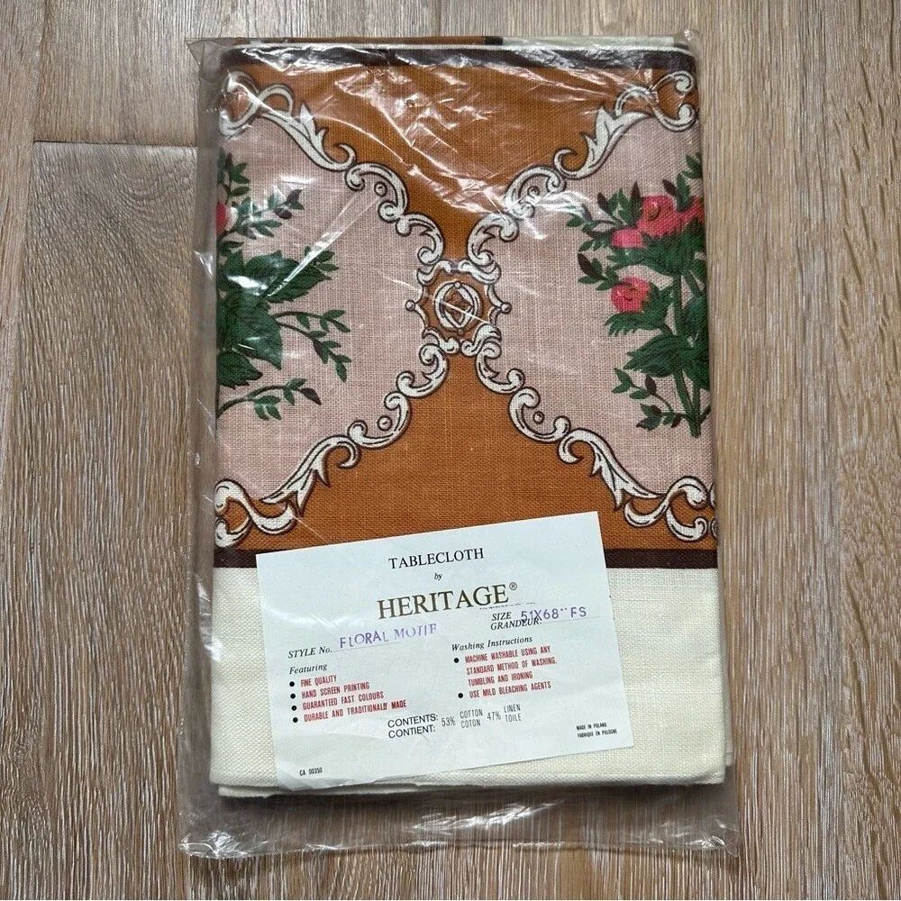 NOS Vintage Heritage Cotton Linen Rectangular Tablecloth Cream Brown - 51